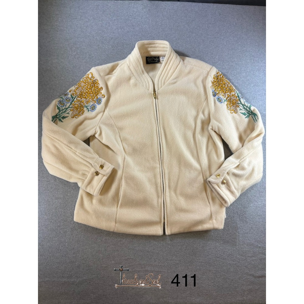 Bob Mackie Wearable Art Cream Fleece Floral Embroidered Zip Up Jacket XL